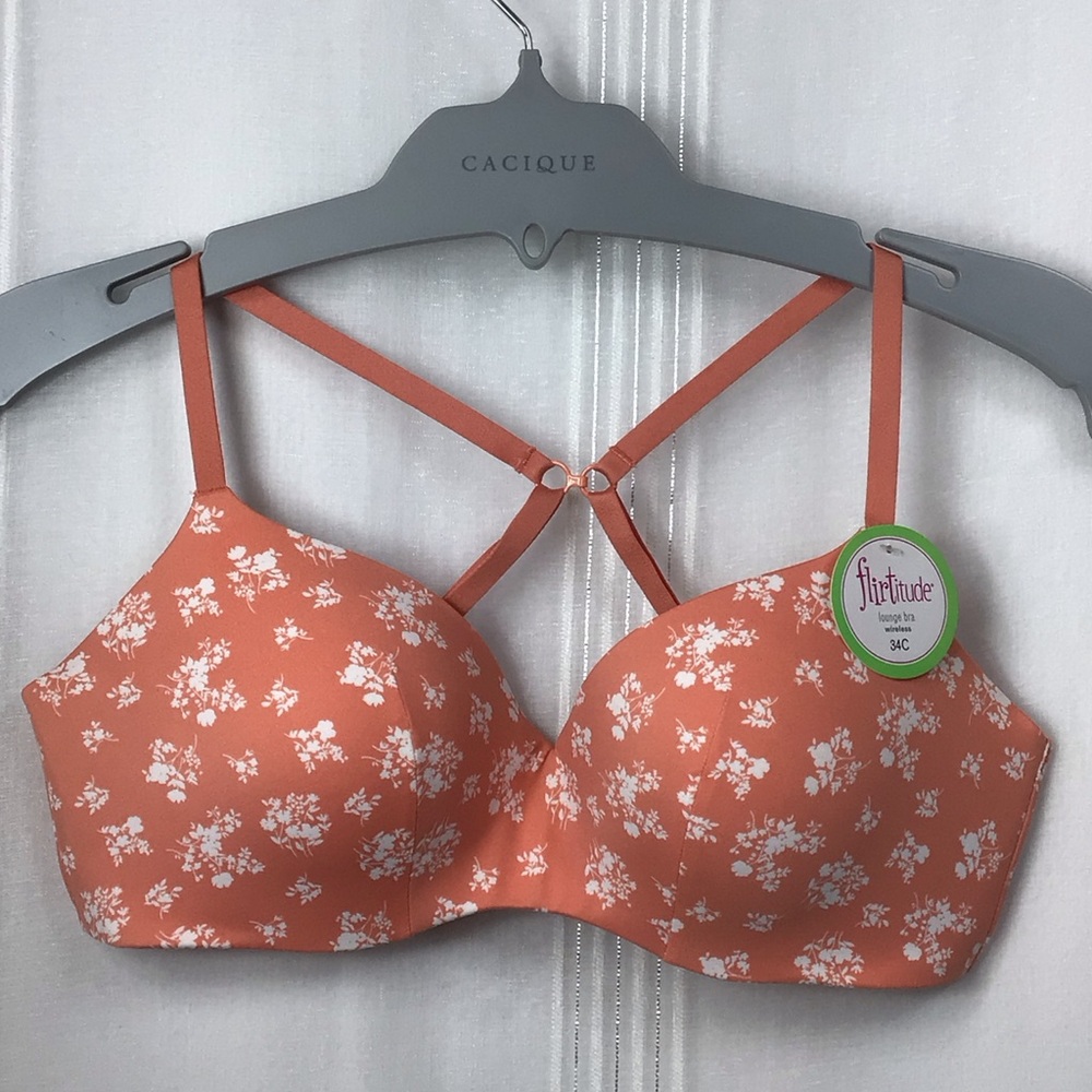 🆕 Flirtitude Lounge Bra Peach Floral Wireless Optional Crisscross Back 34C